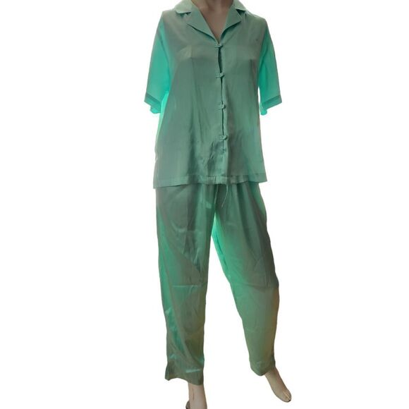 Delicates PJ Set Silky Short Sleeve Button Sleepwear Top Pants - Picture 1 of 12